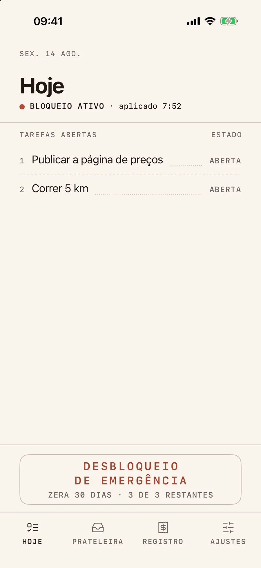 A mesma tela depois do compromisso, datada SEX. 14 AGO. A lâmpada lê BLOQUEIO ATIVO · aplicado 7:52. Dois itens, “Publicar a página de preços” e “Correr 5 km”, os dois ABERTA. O botão de firmar sumiu; no lugar, a placa DESBLOQUEIO DE EMERGÊNCIA com ZERA 30 DIAS · 3 DE 3 RESTANTES.
