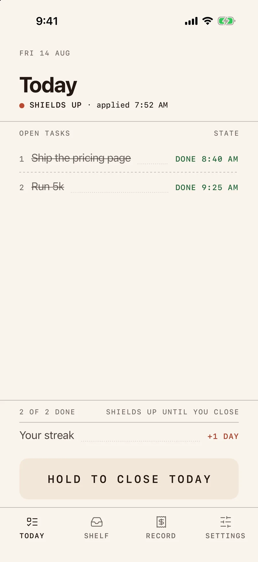 The same two items, struck through: “Ship the pricing page” done at 8:40 AM, “Run 5k” done at 9:25 AM. The lamp still reads SHIELDS UP, applied 7:52 AM. A caption reads “2 OF 2 DONE · SHIELDS UP UNTIL YOU CLOSE”. Below it, “Your streak +1 DAY”, and a large button reading HOLD TO CLOSE TODAY.
